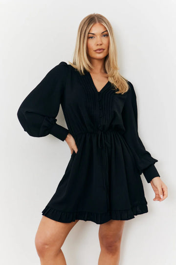 Balloon Sleeve Pintuck Tie Waist Detail Mini Dress